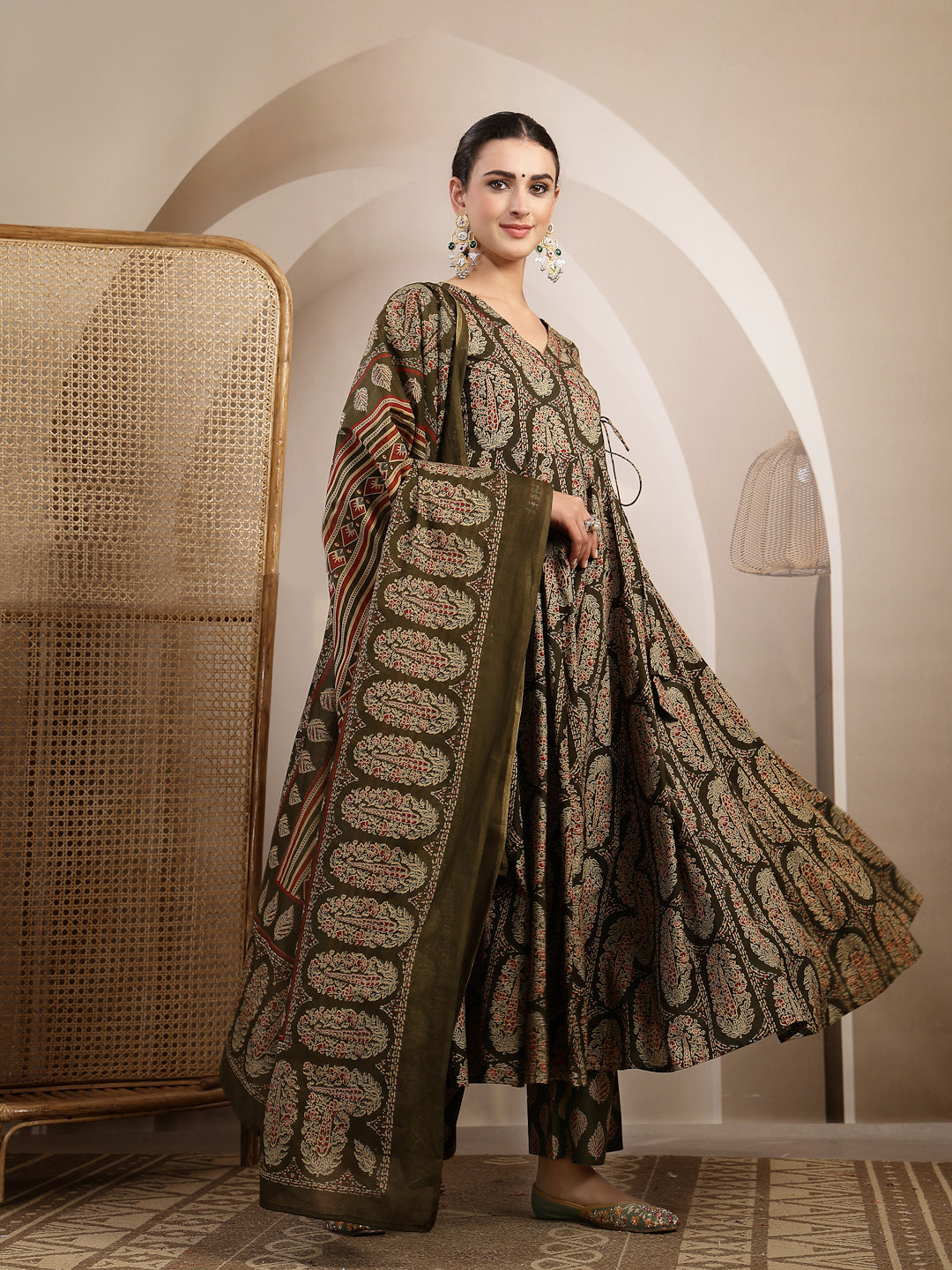 Printed Anarkali Kurta With Palazzo &amp; Dupatta