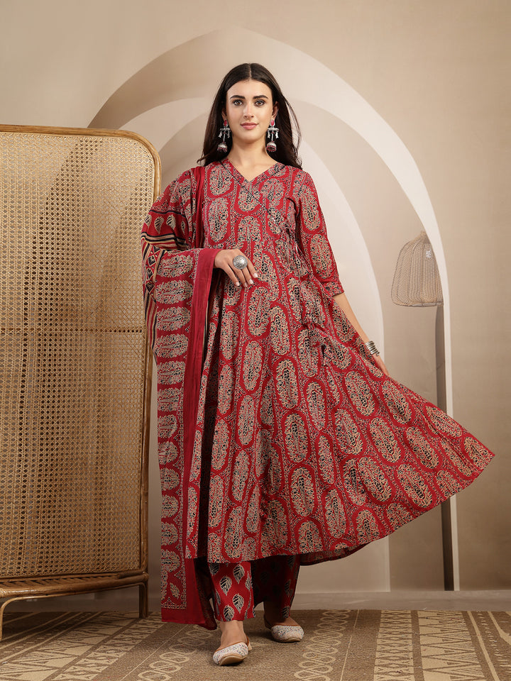 Printed Anarkali Kurta With Palazzo &amp; Dupatta