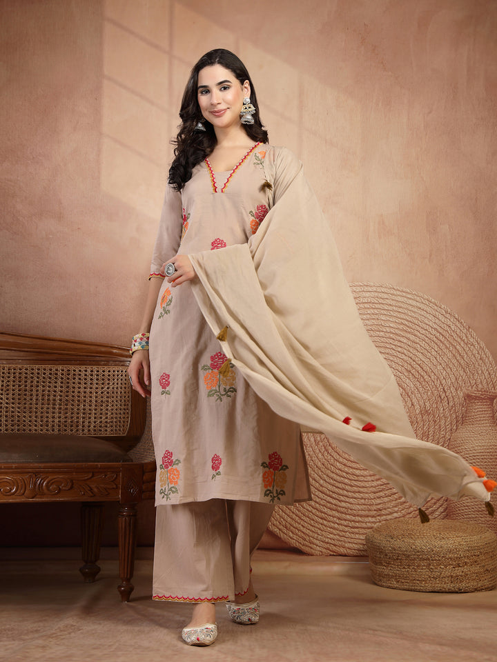 Floral Embroidered Straight Kurta With Palazzo and Dupatta Set