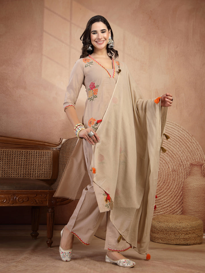 Floral Embroidered Straight Kurta With Palazzo and Dupatta Set