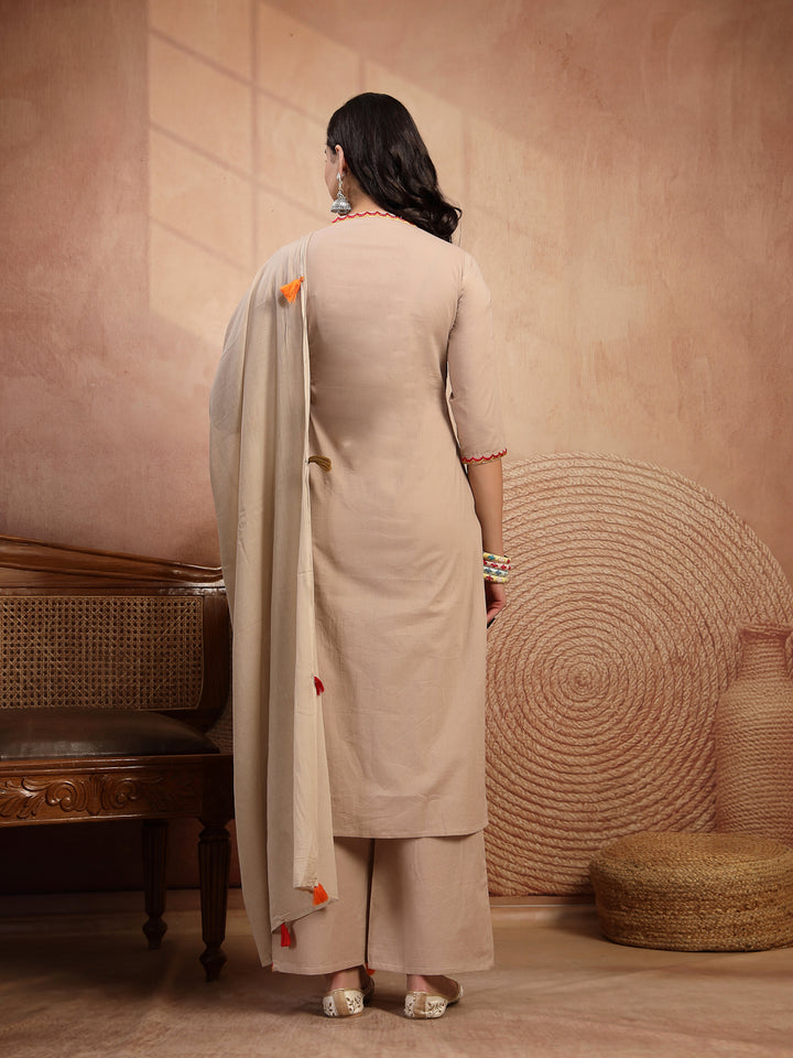 Floral Embroidered Straight Kurta With Palazzo and Dupatta Set