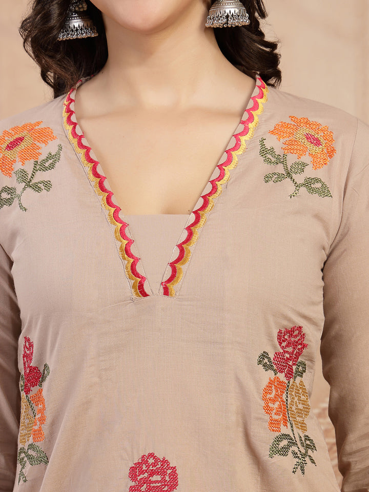 Floral Embroidered Straight Kurta With Palazzo and Dupatta Set