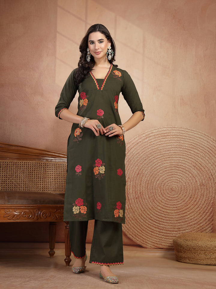Floral Embroidered Straight Kurta With Palazzo and Dupatta Set