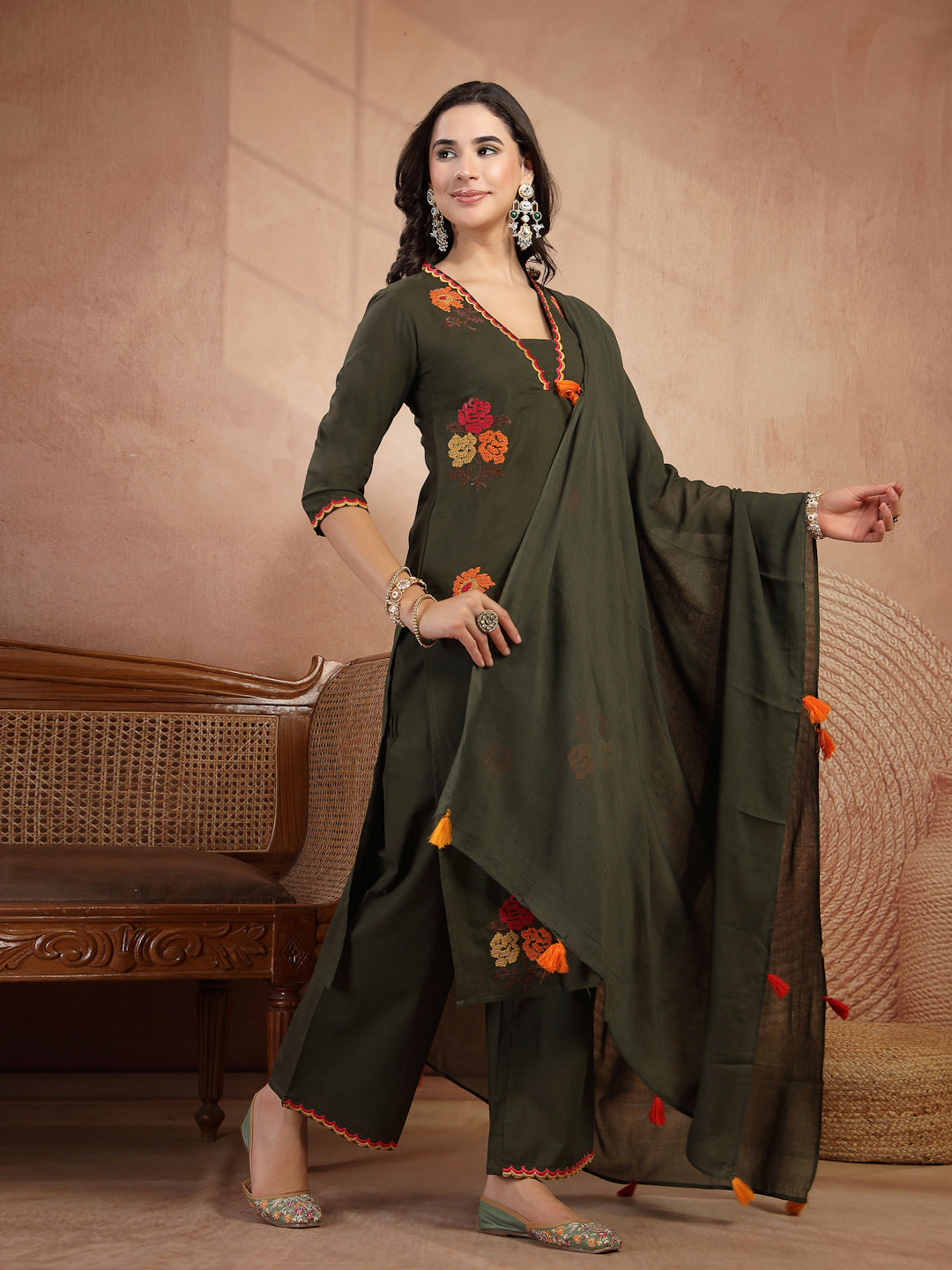 Floral Embroidered Straight Kurta With Palazzo and Dupatta Set