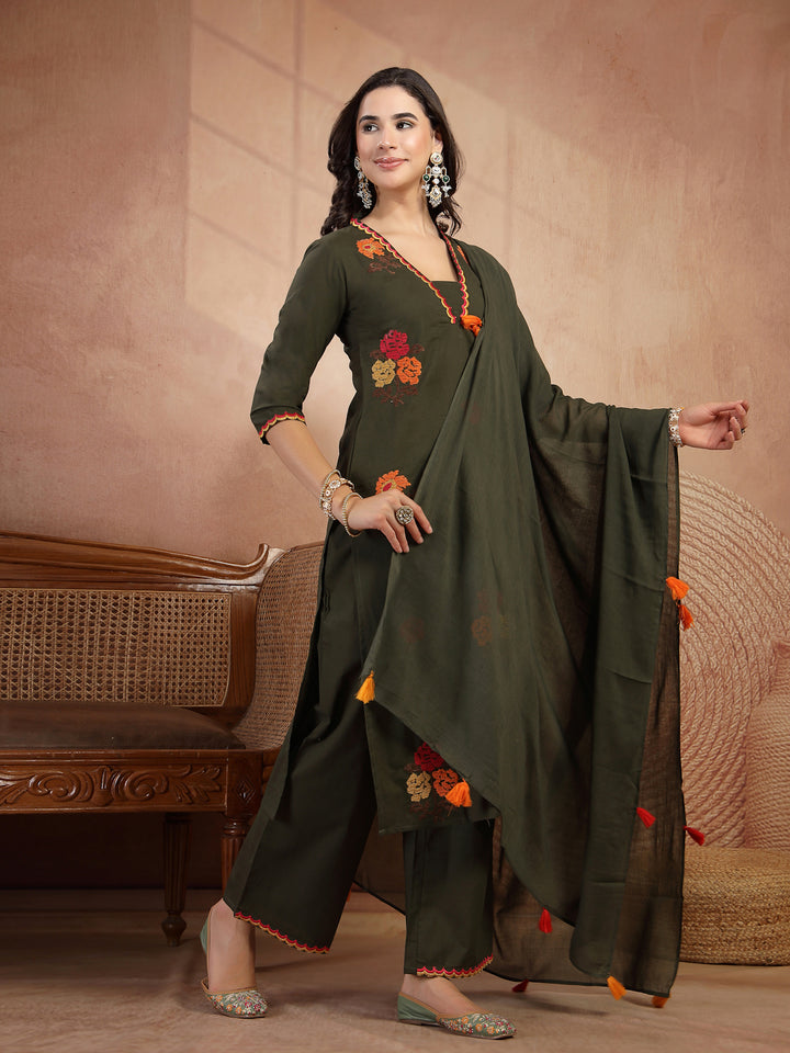 Floral Embroidered Straight Kurta With Palazzo and Dupatta Set