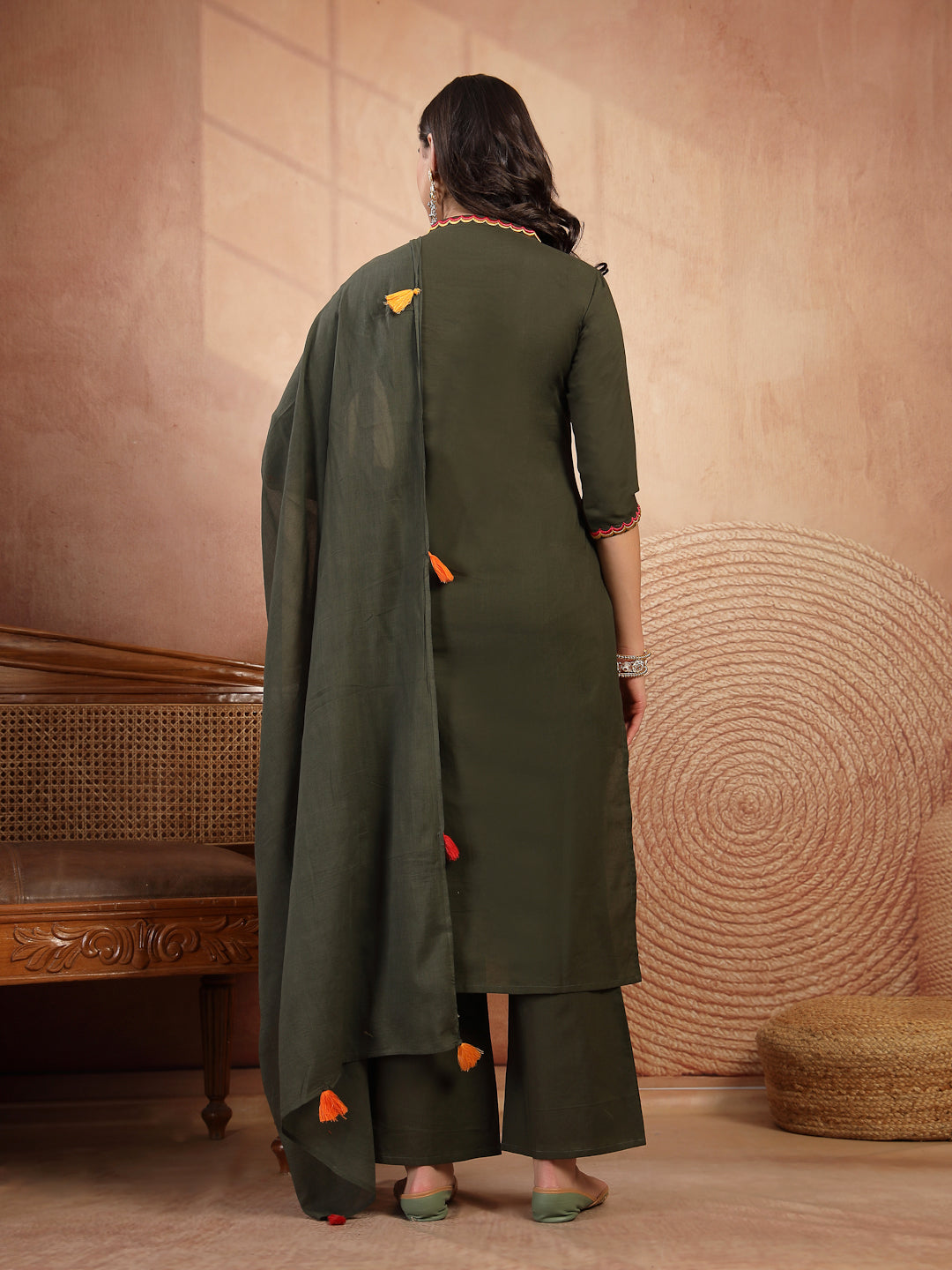Floral Embroidered Straight Kurta With Palazzo and Dupatta Set