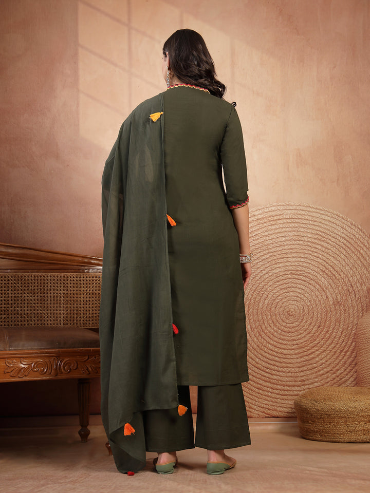Floral Embroidered Straight Kurta With Palazzo and Dupatta Set