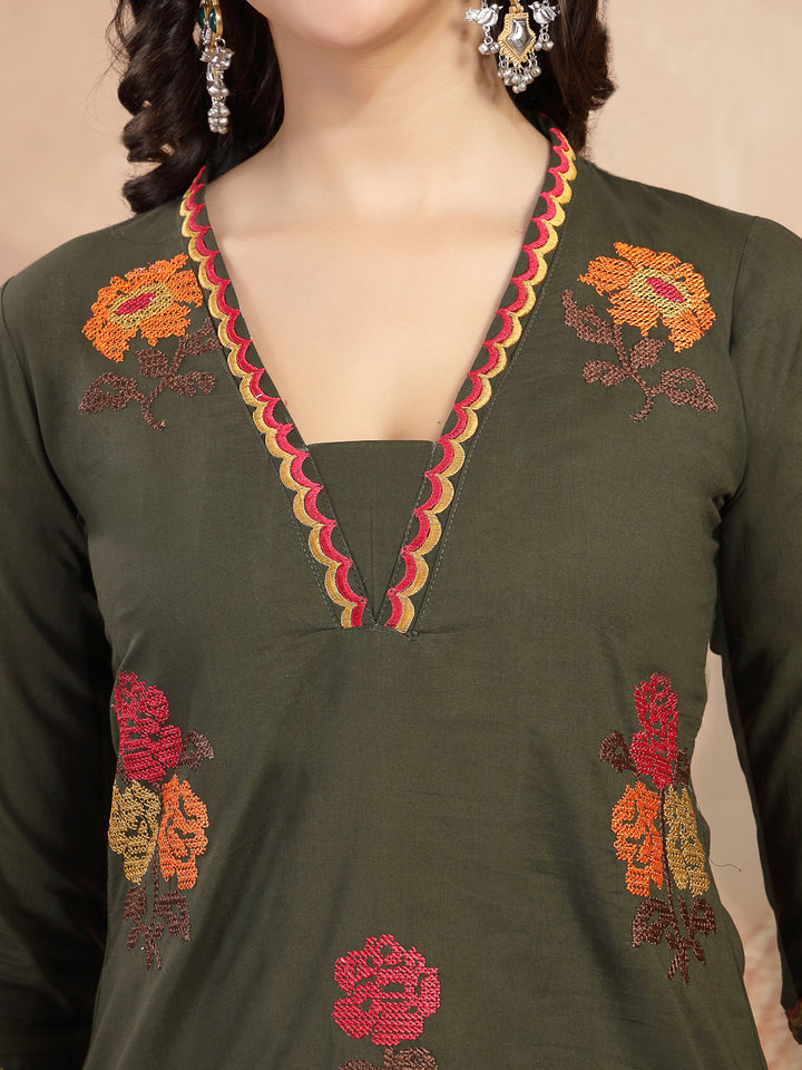 Floral Embroidered Straight Kurta With Palazzo and Dupatta Set