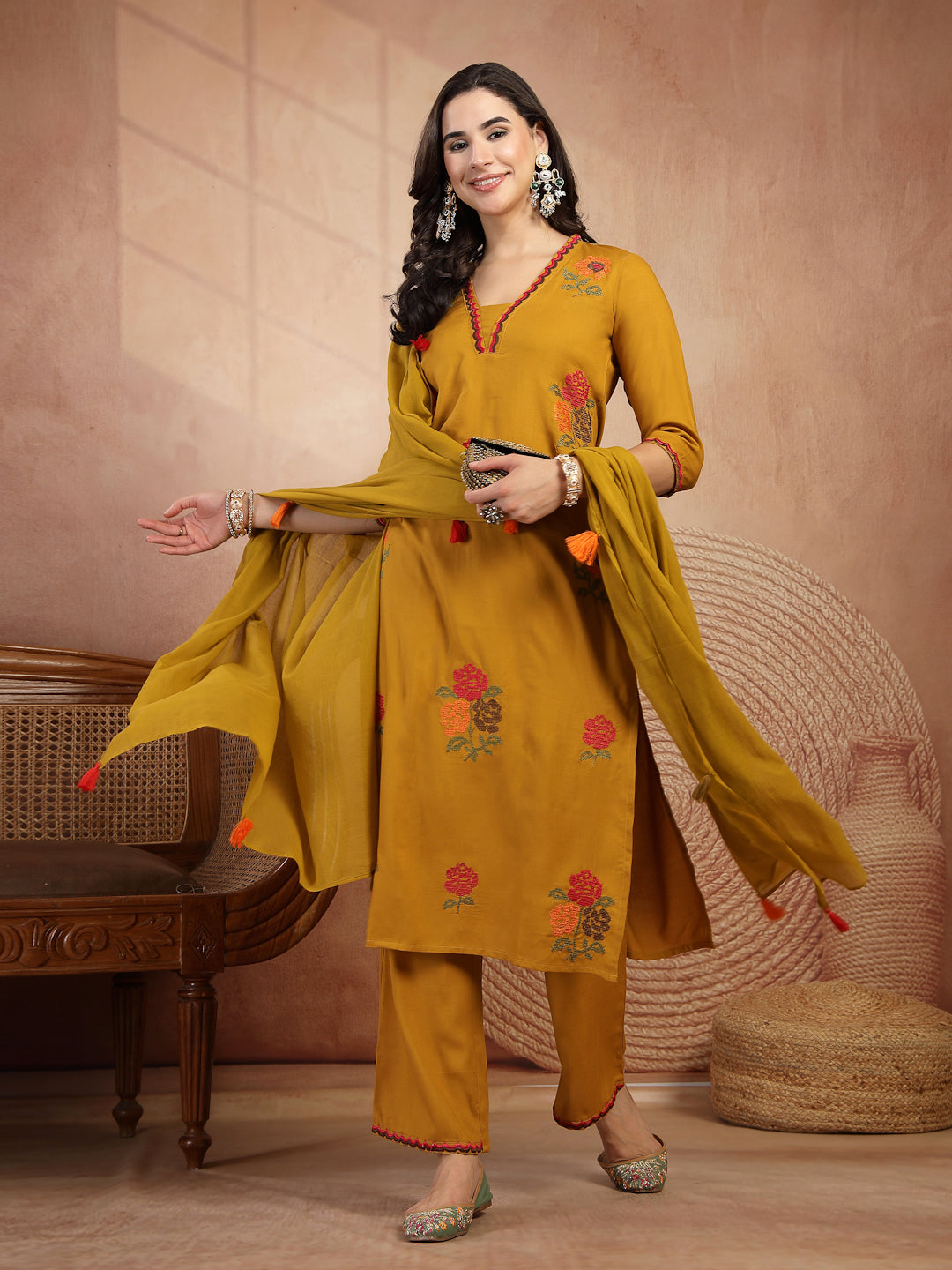 Floral Embroidered Straight Kurta With Palazzo and Dupatta Set