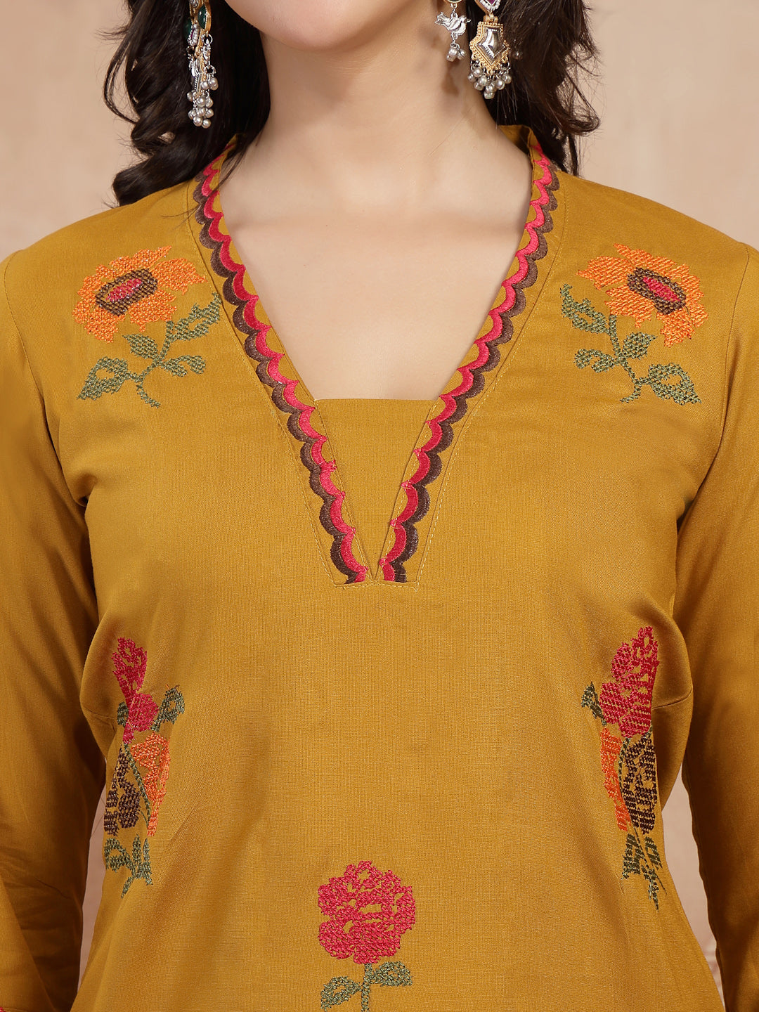 Floral Embroidered Straight Kurta With Palazzo and Dupatta Set