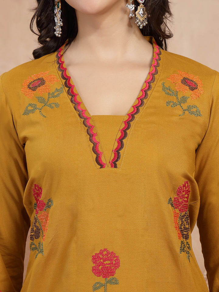 Floral Embroidered Straight Kurta With Palazzo and Dupatta Set