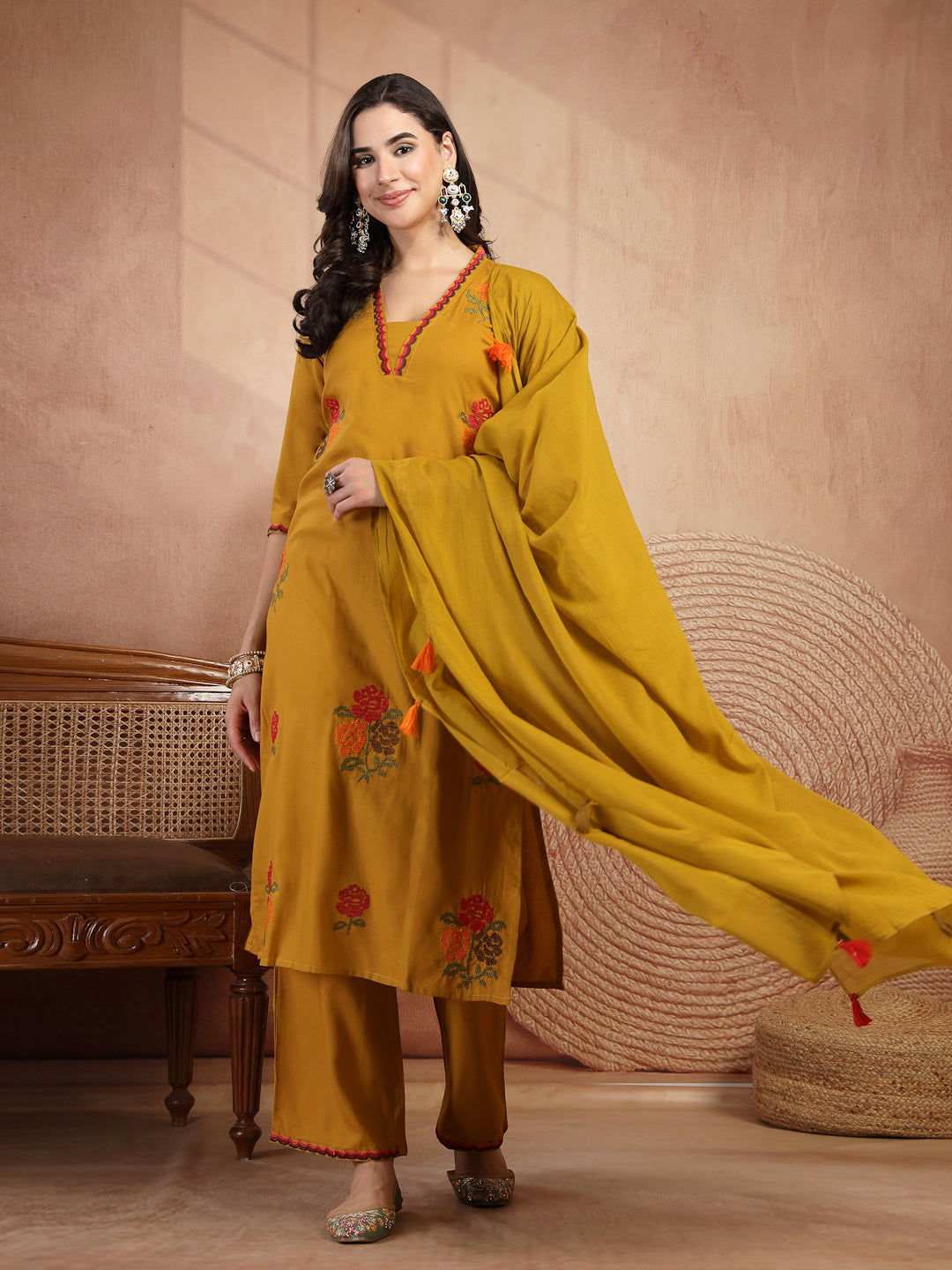 Floral Embroidered Straight Kurta With Palazzo and Dupatta Set