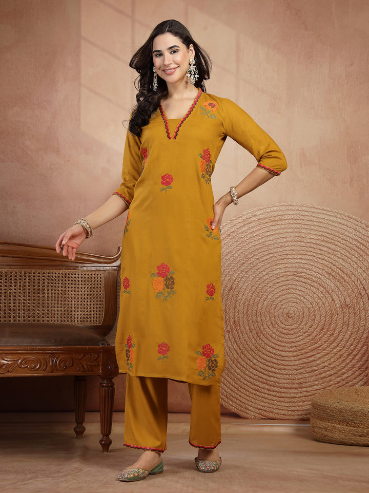 Floral Embroidered Straight Kurta With Palazzo and Dupatta Set