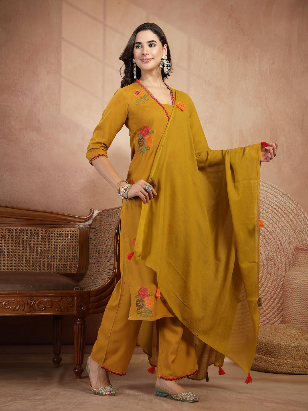 Floral Embroidered Straight Kurta With Palazzo and Dupatta Set