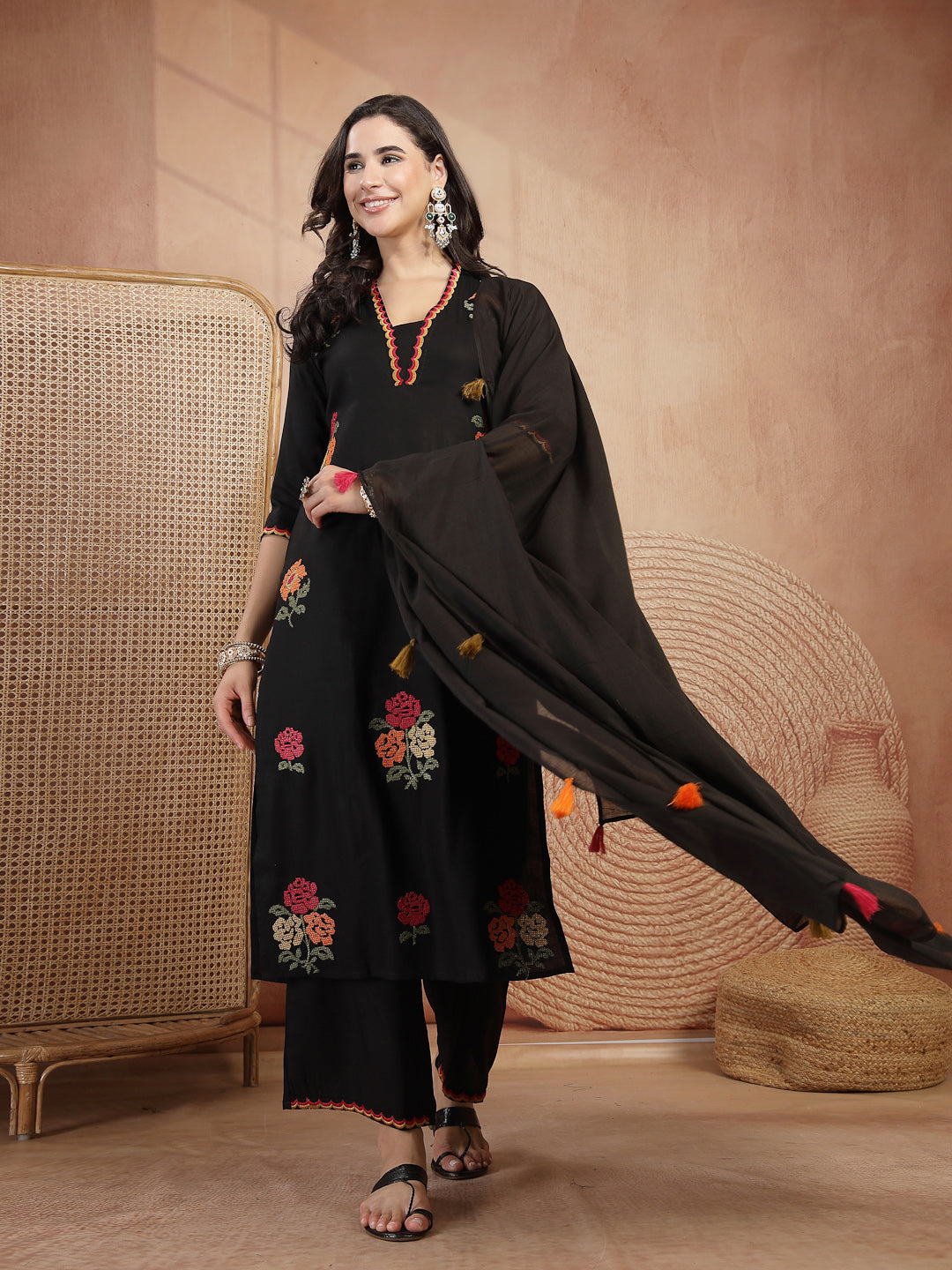 Floral Embroidered Straight Kurta With Palazzo and Dupatta Set