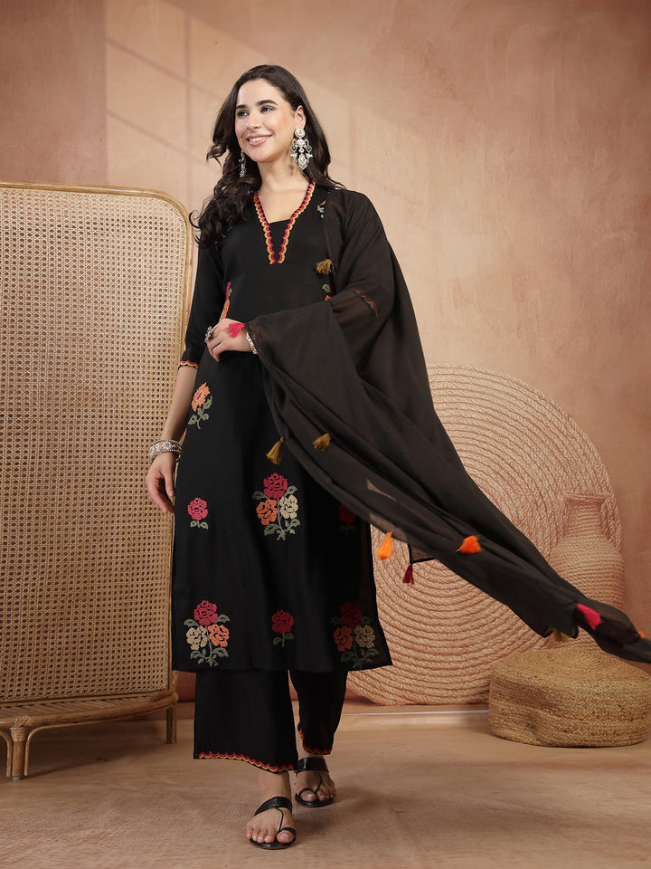 Floral Embroidered Straight Kurta With Palazzo and Dupatta Set