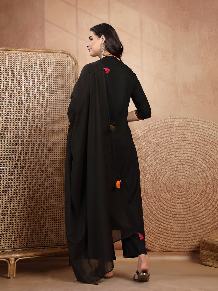Floral Embroidered Straight Kurta With Palazzo and Dupatta Set