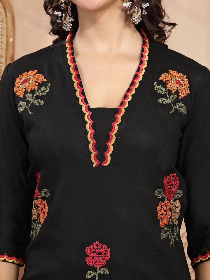 Floral Embroidered Straight Kurta With Palazzo and Dupatta Set