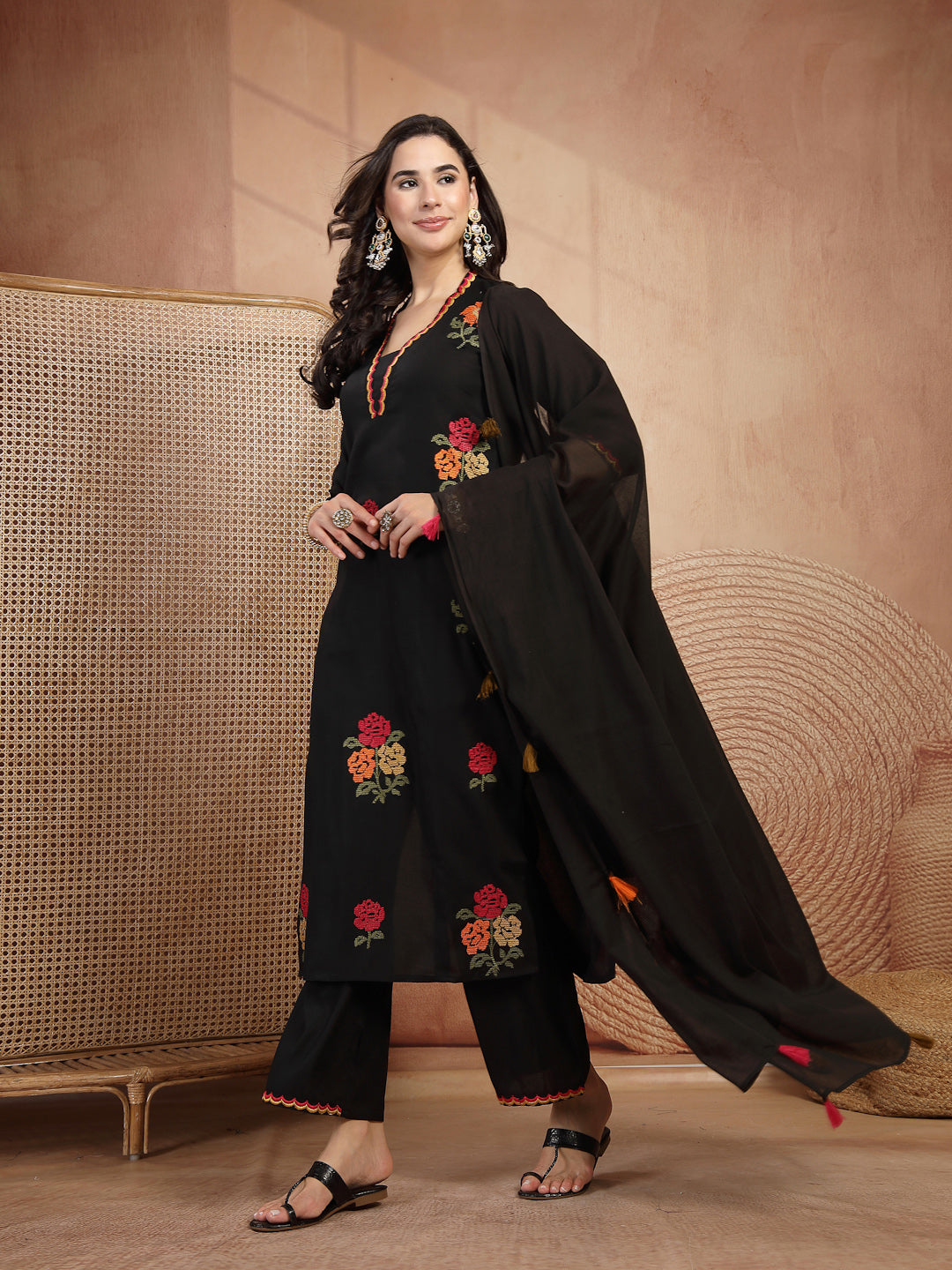 Floral Embroidered Straight Kurta With Palazzo and Dupatta Set