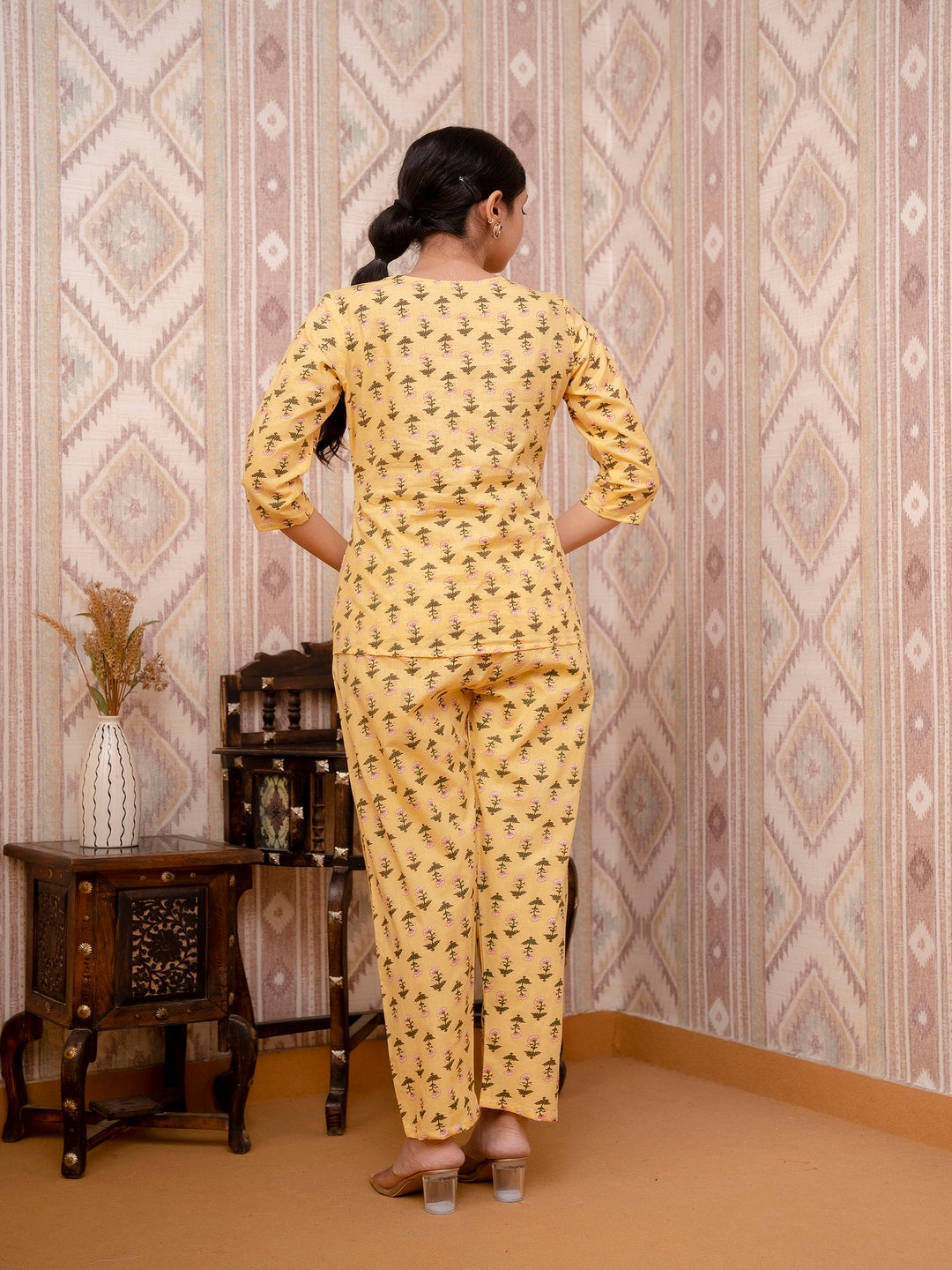 Yellow Printed Cotton Night Suit