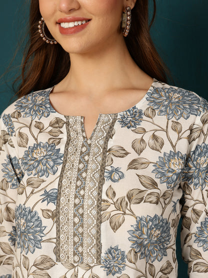 Cotton Printed Round Neck White Top