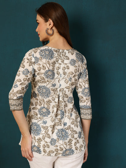 Cotton Printed Round Neck White Top