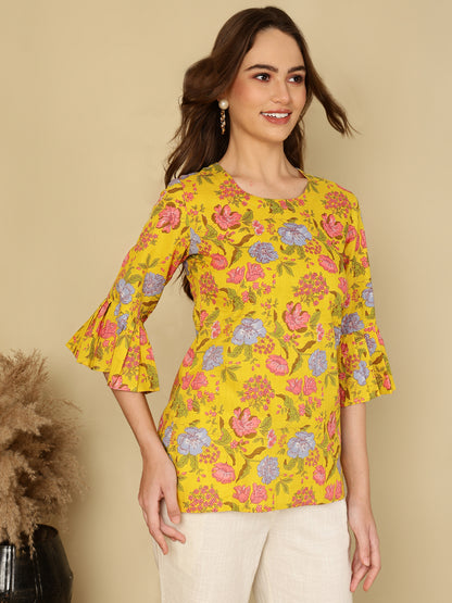 Cotton Printed Round Neck Yellow Top