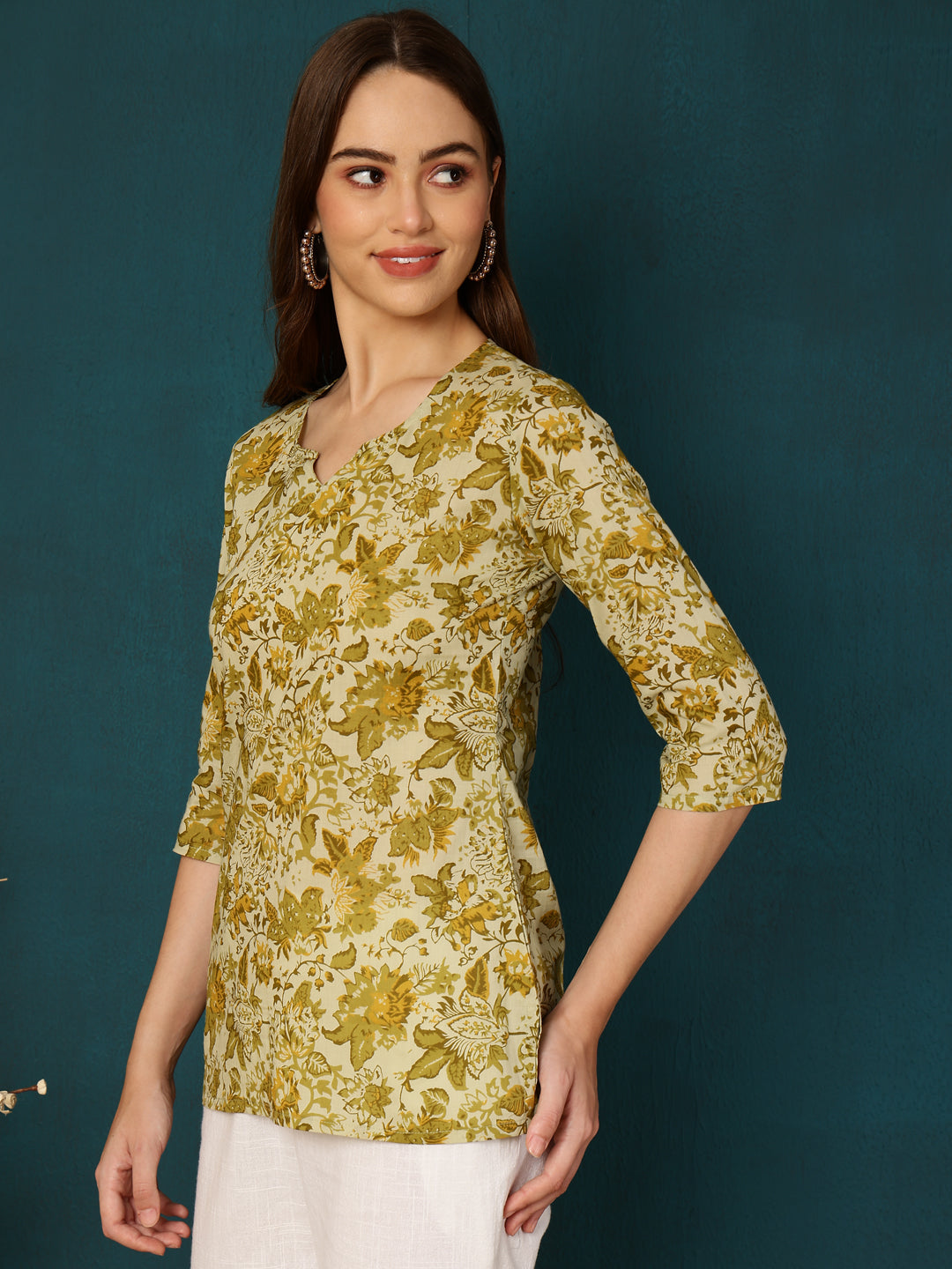 Cotton Printed Round Neck Yellow Top