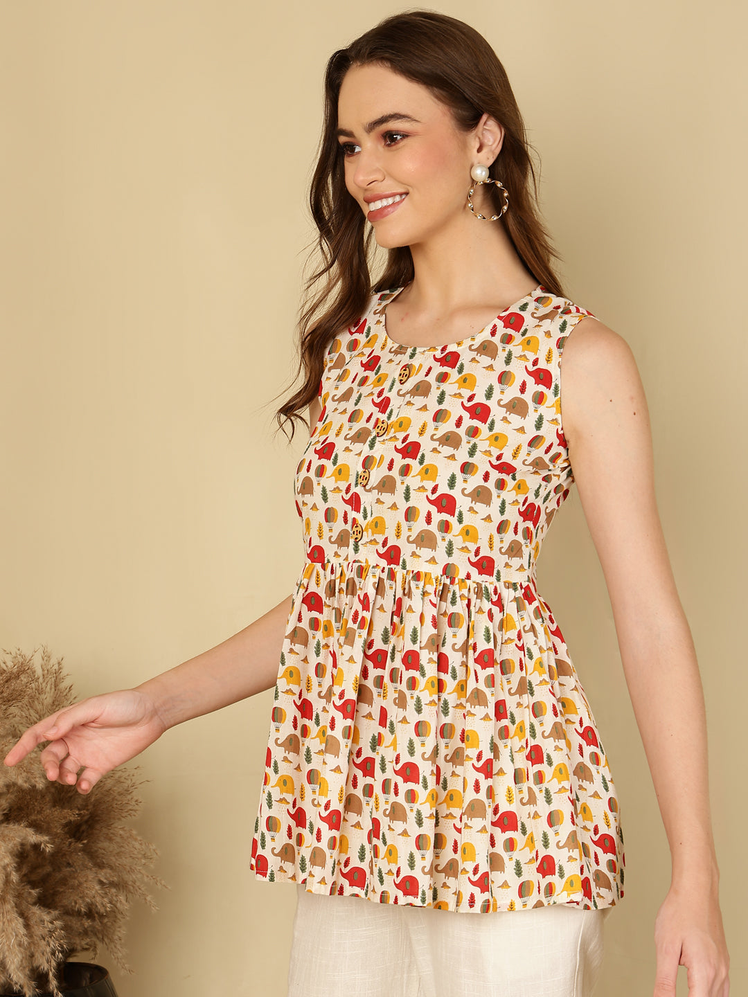 Cotton Printed Round Neck White Top