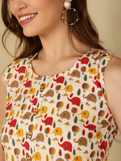 Cotton Printed Round Neck White Top