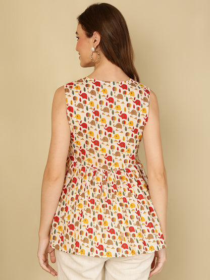 Cotton Printed Round Neck White Top