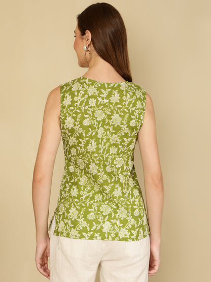 Cotton Printed Round Neck Green Top