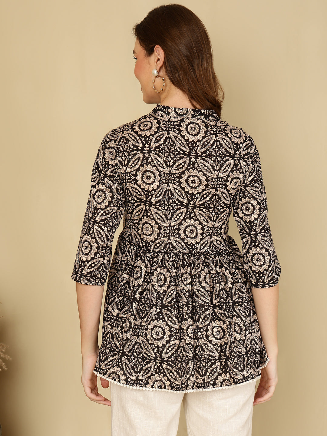 Cotton Printed Collar Neck Black Top