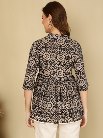 Cotton Printed Collar Neck Black Top