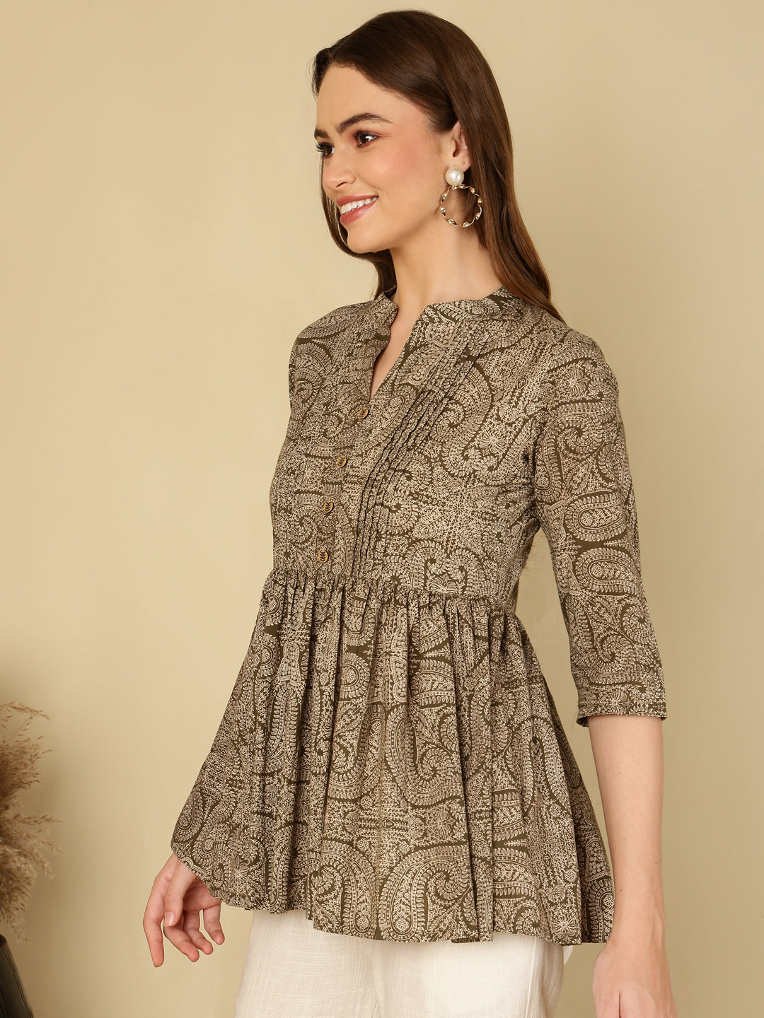 Cotton Printed Collar Neck Brown Top