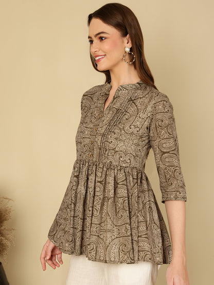 Cotton Printed Collar Neck Brown Top
