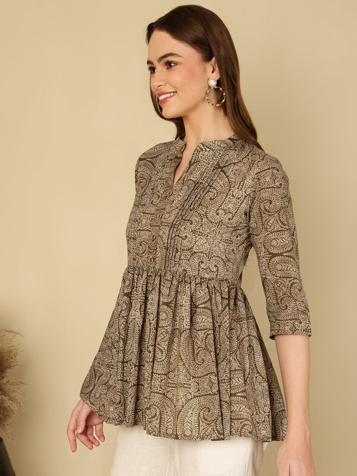 Cotton Printed Collar Neck Brown Top