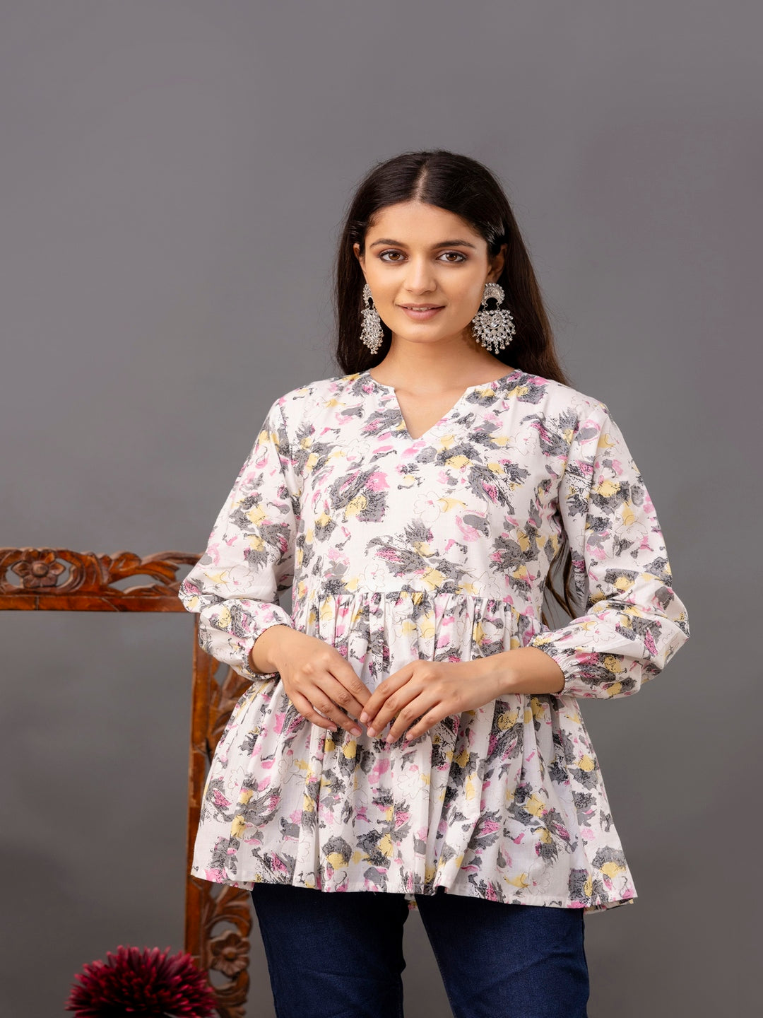 Printed 3/4 Sleeves Regular Pure Cotton Top