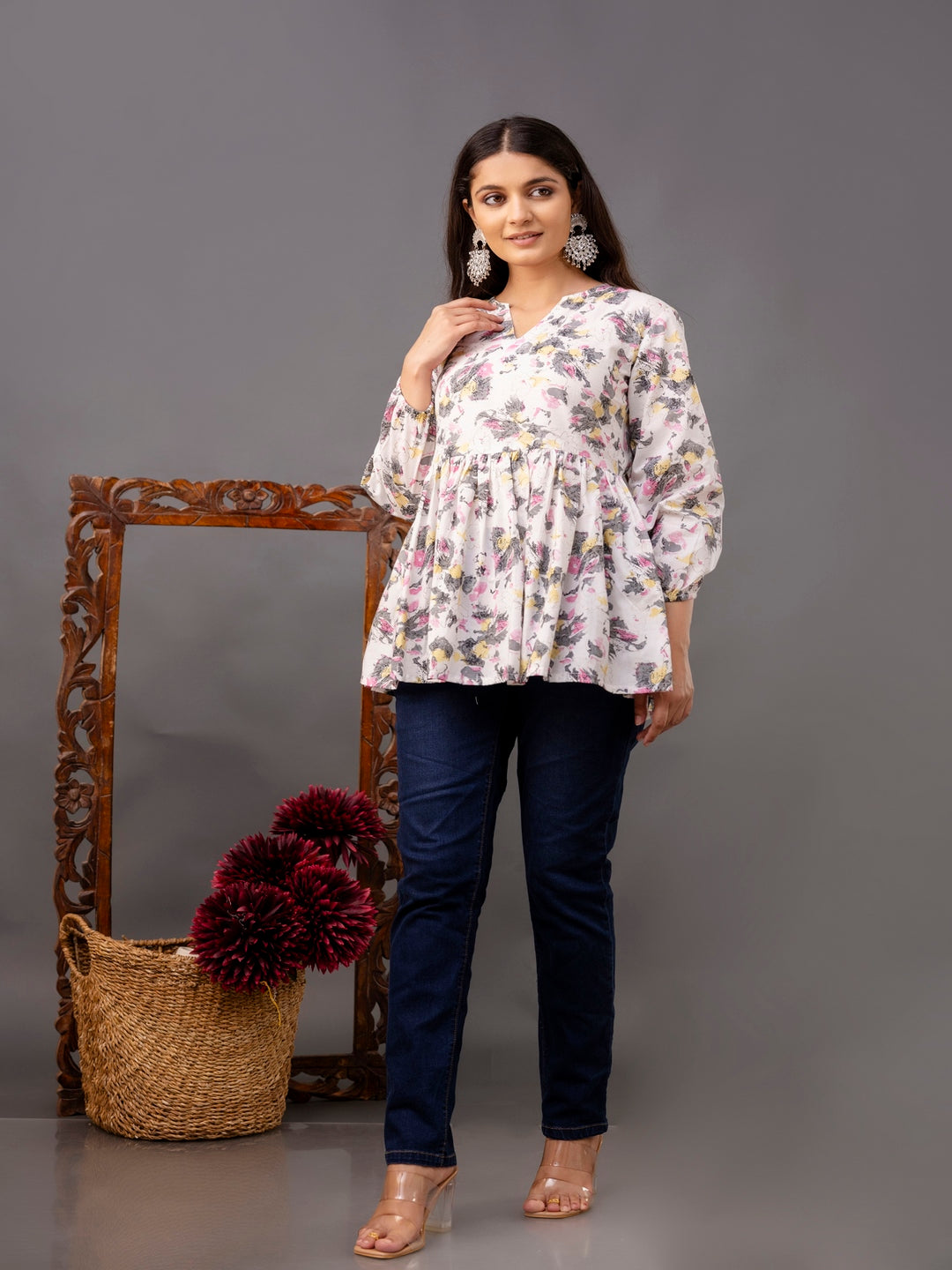 Printed 3/4 Sleeves Regular Pure Cotton Top