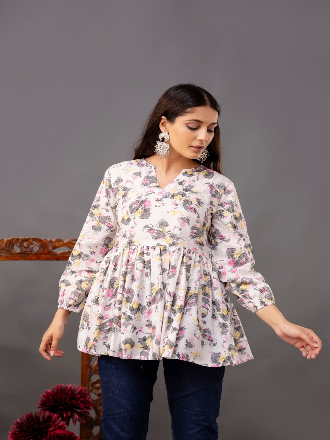 Printed 3/4 Sleeves Regular Pure Cotton Top