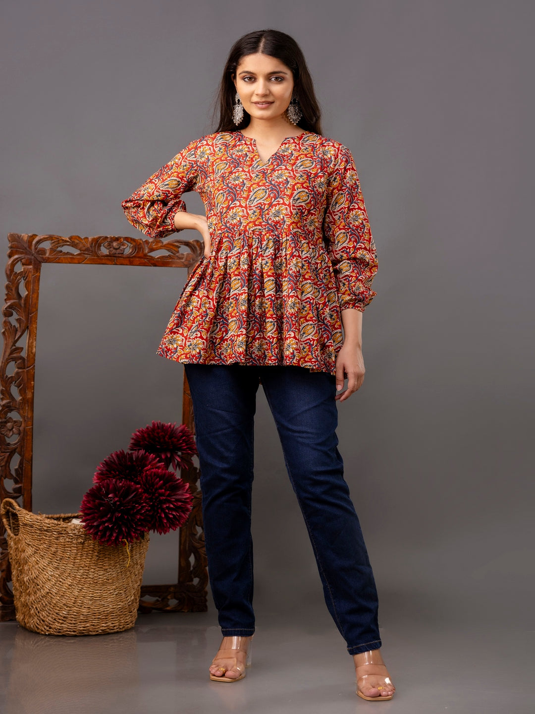Printed 3/4 Sleeves Regular Pure Cotton Top