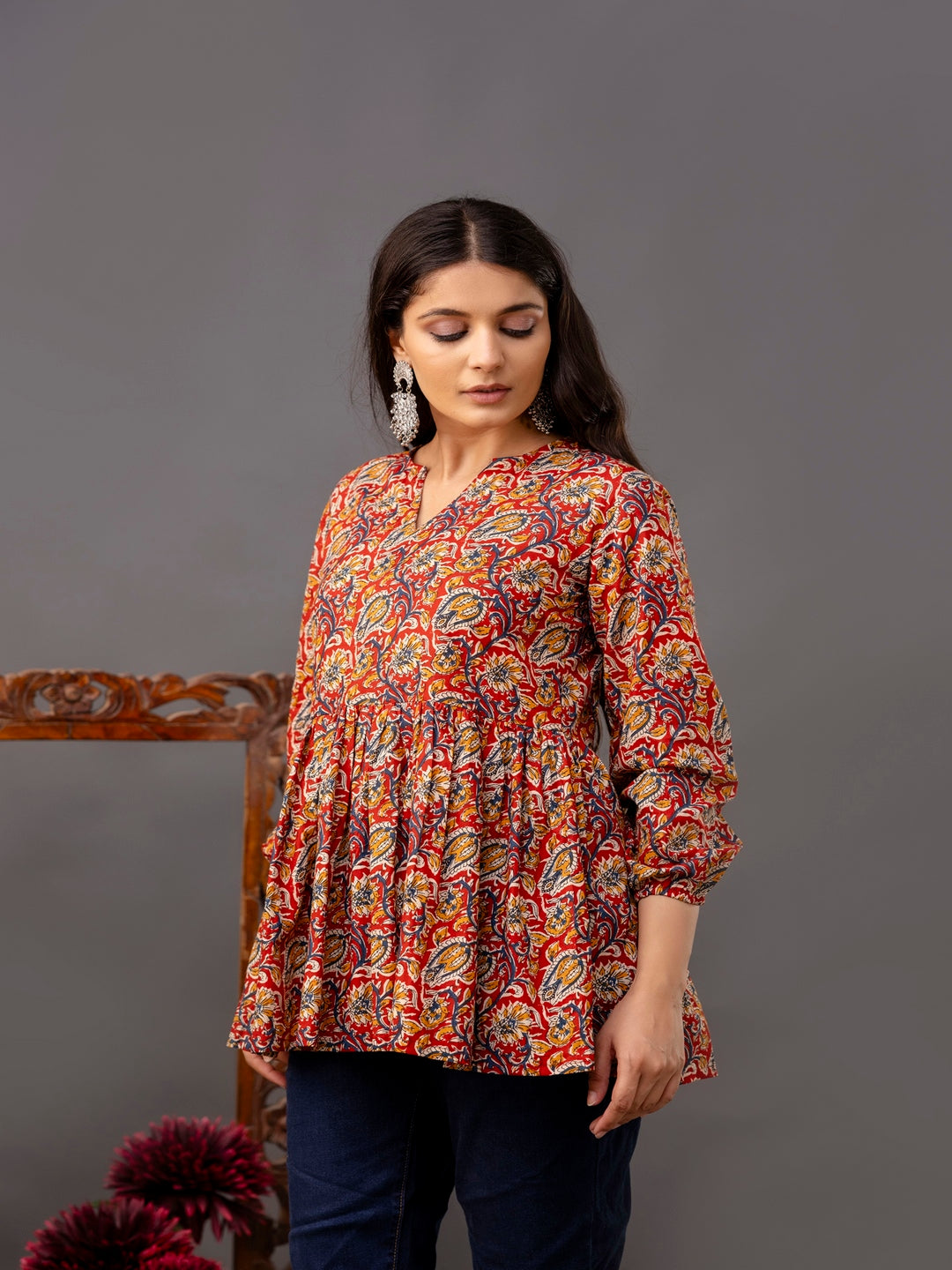 Printed 3/4 Sleeves Regular Pure Cotton Top