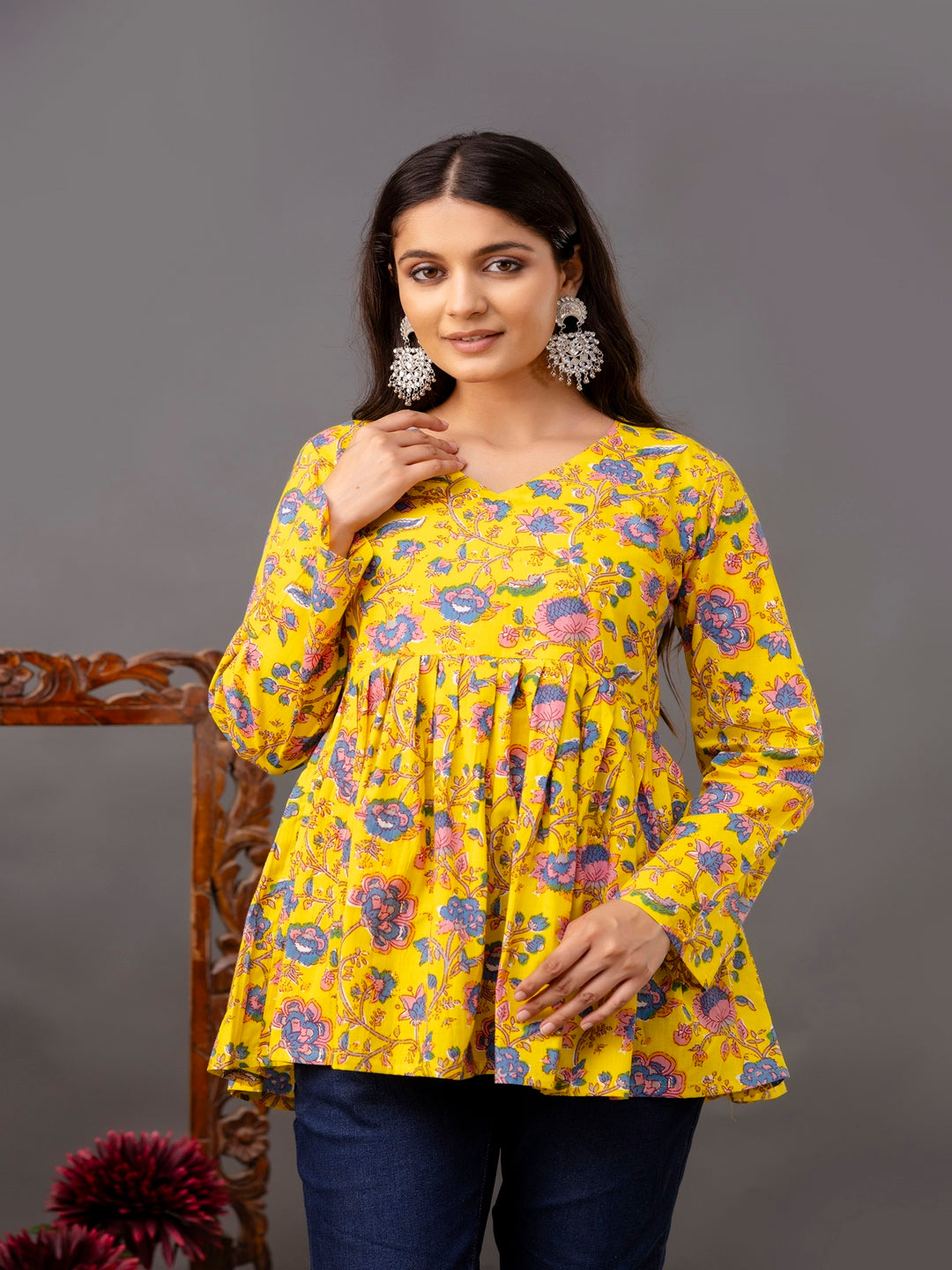 Nishabd yellow cotton printed top – wholesale manufacturer & exporter from India