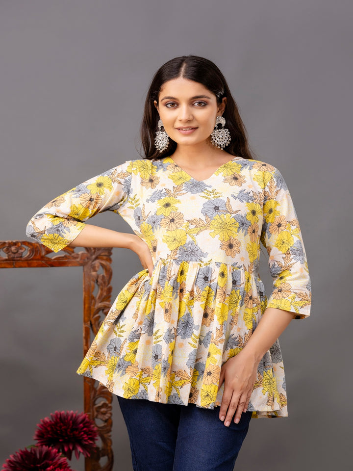 Printed 3/4 Sleeves Regular Pure Cotton Top