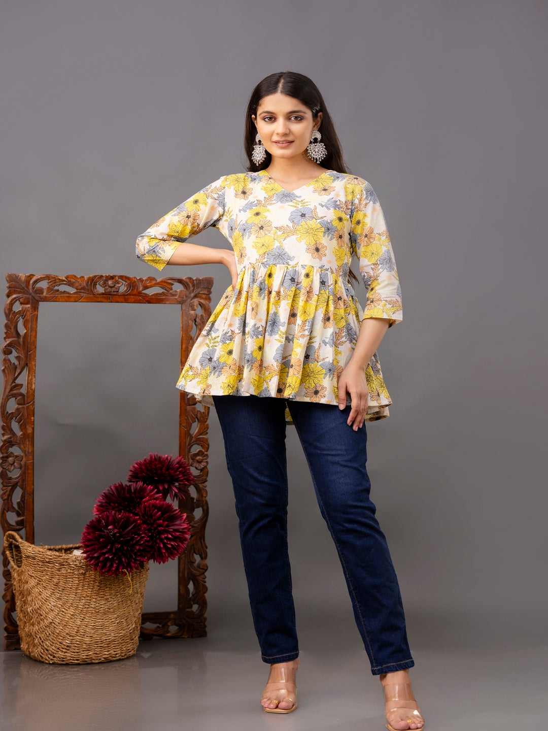 Printed 3/4 Sleeves Regular Pure Cotton Top