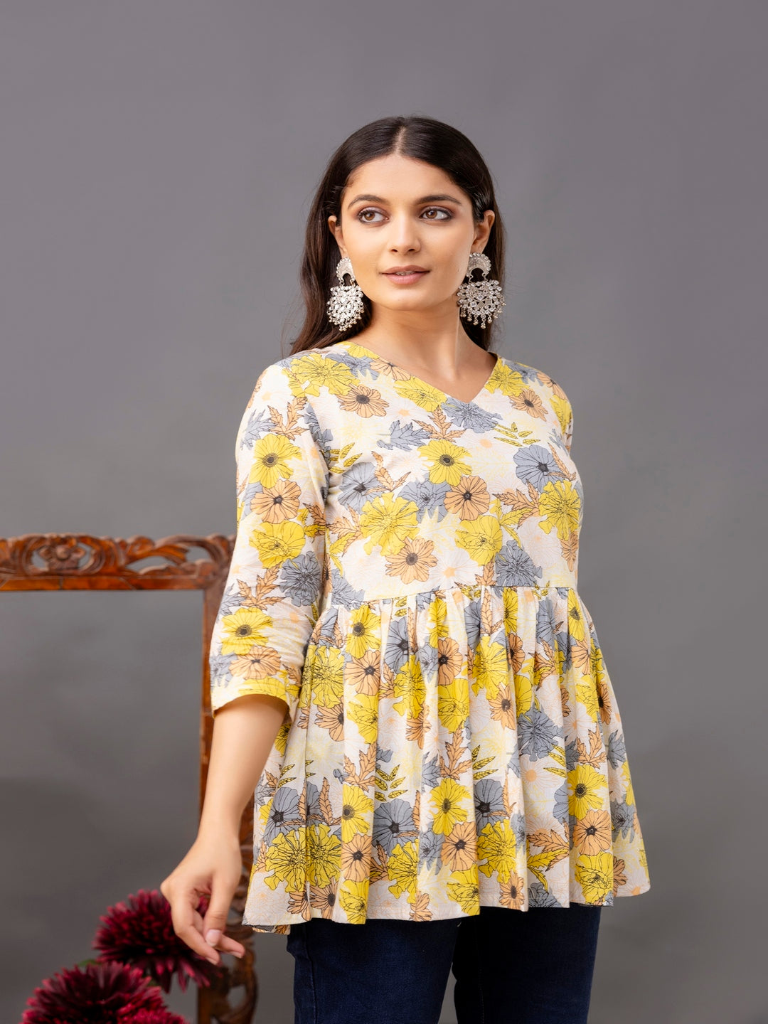 Printed 3/4 Sleeves Regular Pure Cotton Top