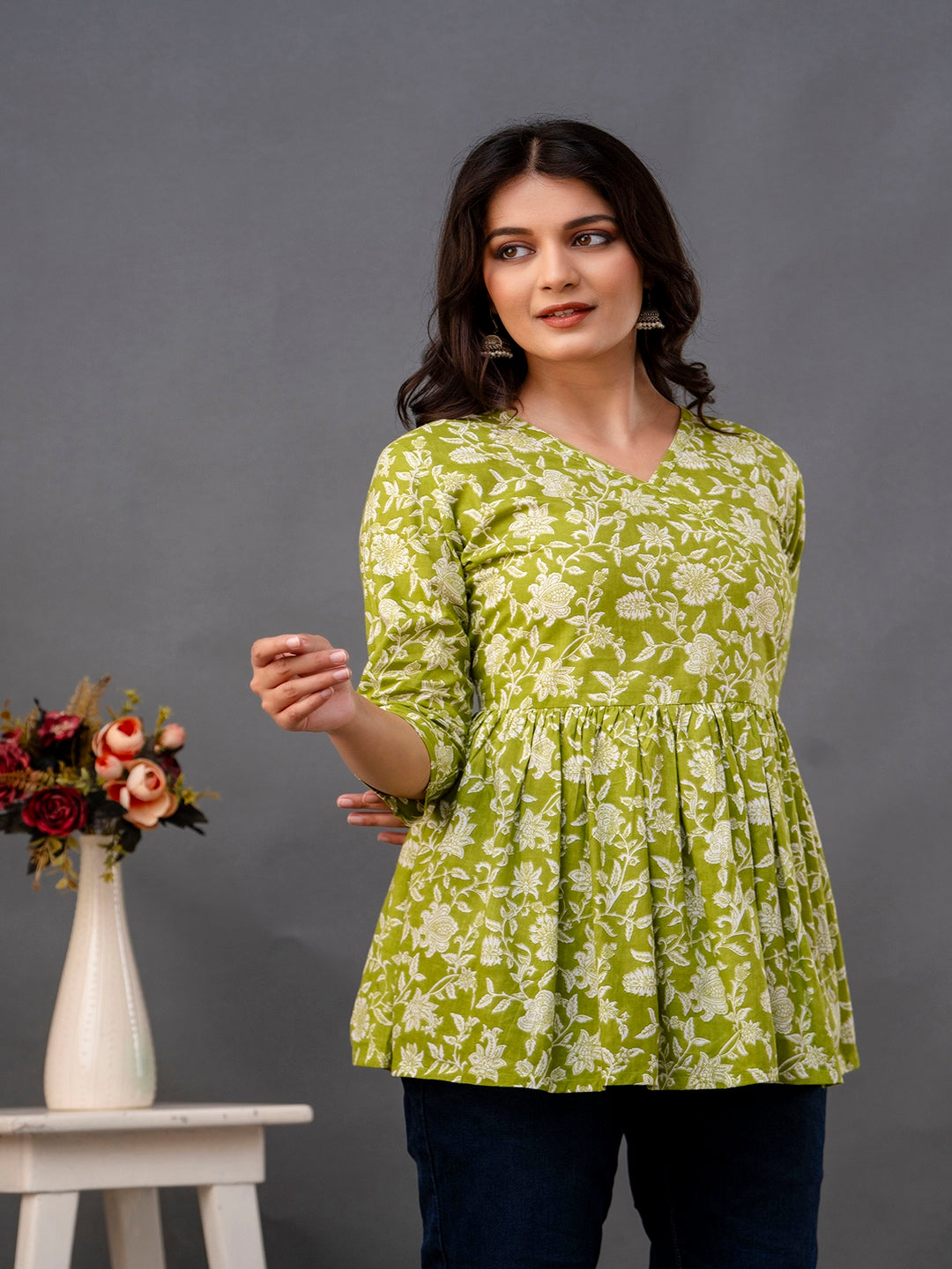 Printed 3/4 Sleeves Regular Pure Cotton Top