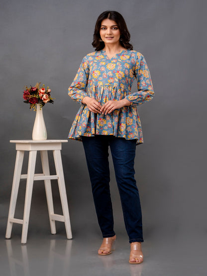 Printed 3/4 Sleeves Regular Pure Cotton Top