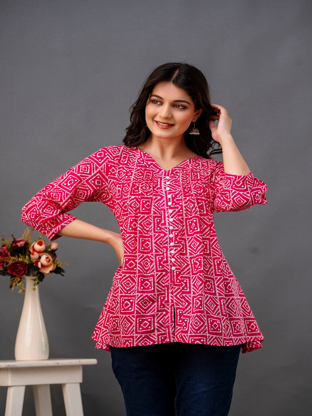 Printed 3/4 Sleeves Regular Pure Cotton Top
