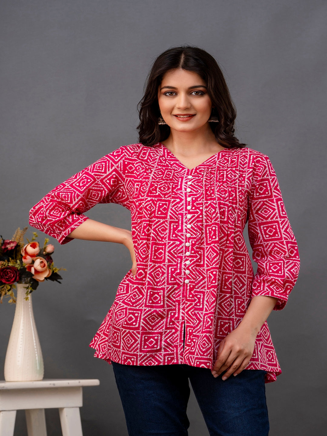 Printed 3/4 Sleeves Regular Pure Cotton Top